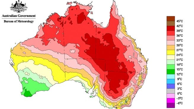 A map of Australia with different colours across it showing maximum temperatures.