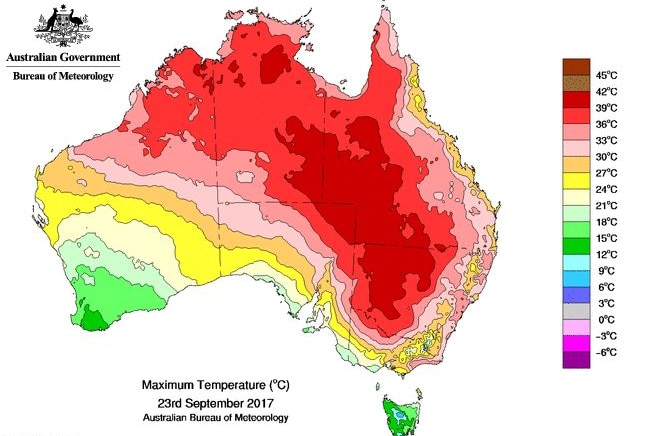 A map of Australia with different colours across it showing maximum temperatures.
