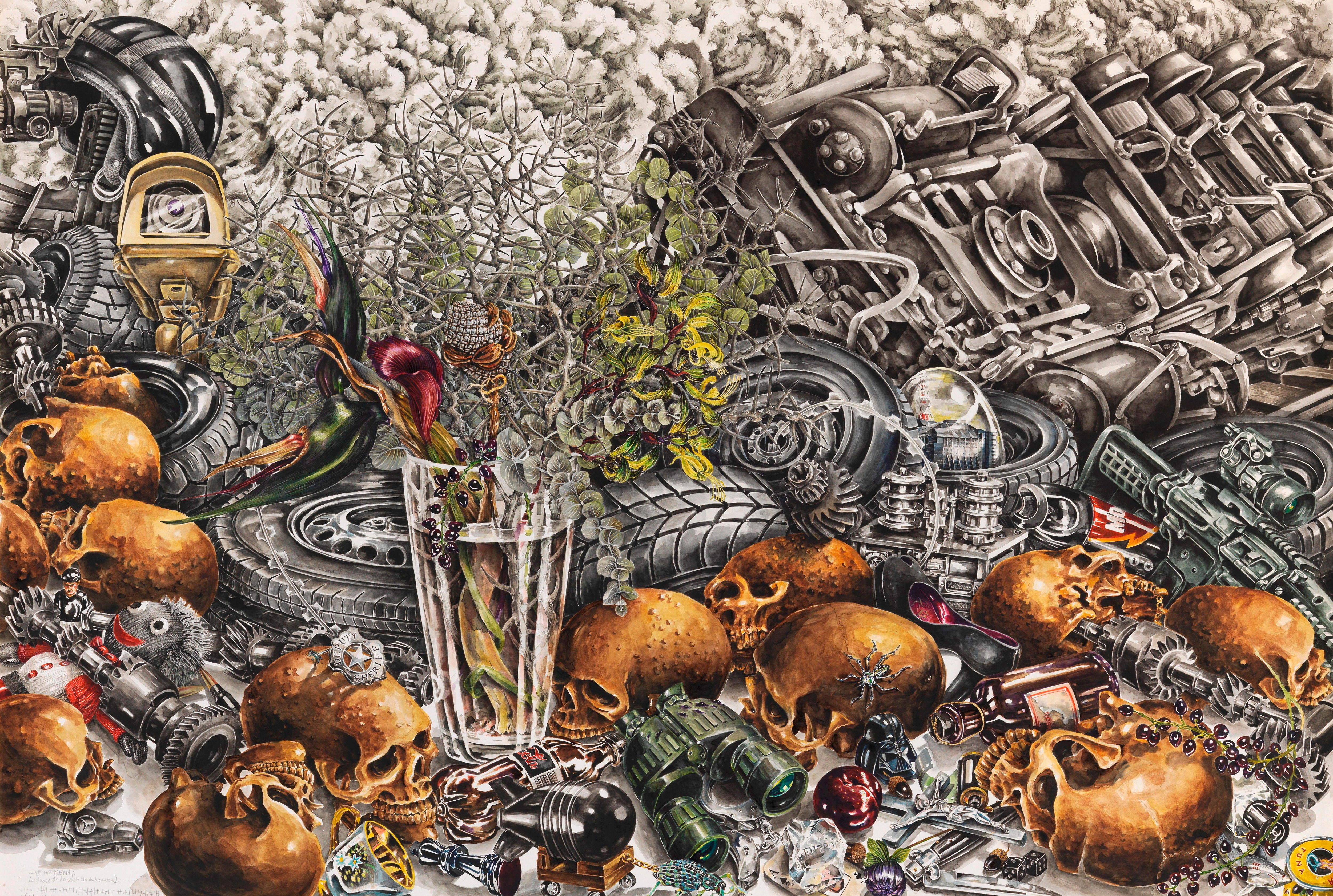 A highly detailed painting of a vase of flowers sitting amongst old tyres and machine parts and golden skulls.