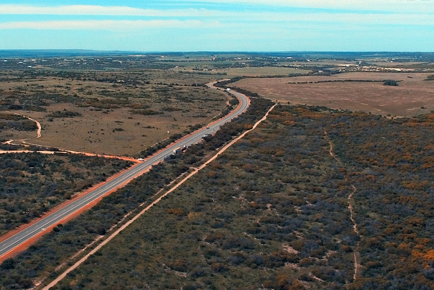 Aerial view of the section of the Brand Highway in Geraldton where a cyclist has been killed.