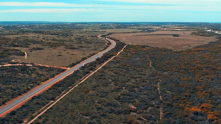Aerial view of the section of the Brand Highway in Geraldton where a cyclist has been killed.