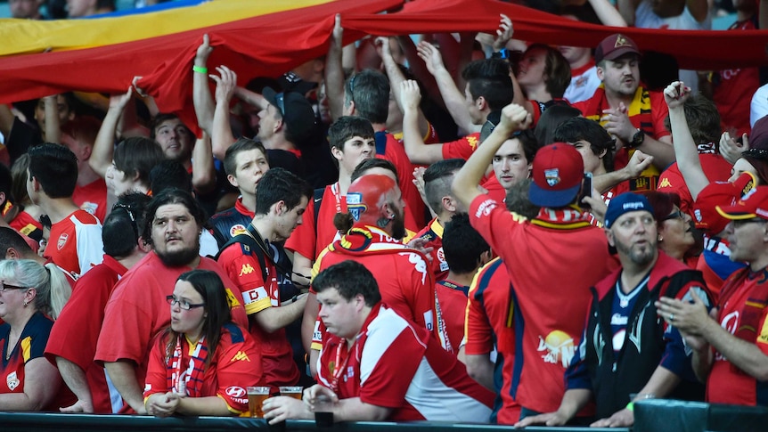 Soccer supporters wearing red celebrate in the grandstands.