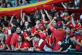 Soccer supporters wearing red celebrate in the grandstands.