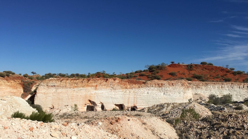 An white, open-cut hill stands against a blue sky, with small tunnels drilled into its base.