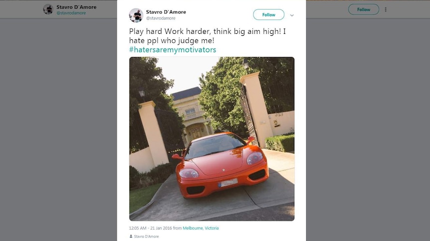 Screenshot of twitter post by Stavro D'Amore featuring red Ferrari sport car