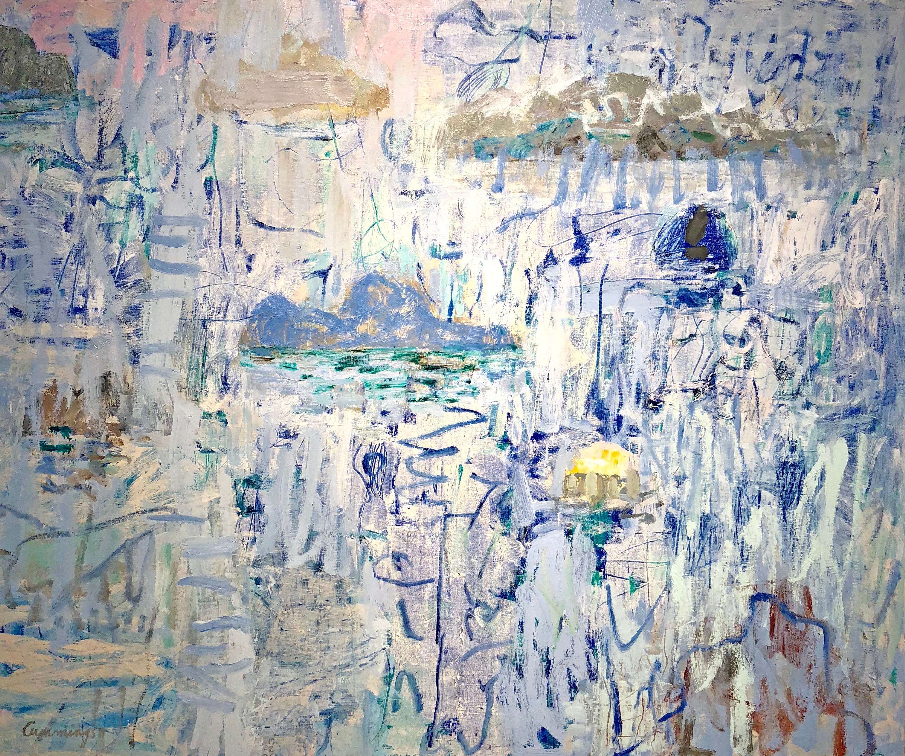 A painting featuring clouds with whites, blues and purples.