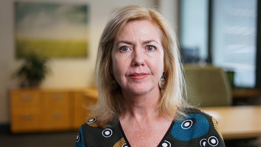 Mary stands in what looks like an office and looks at the camera. She wears a top with geometric patterns and earrings.