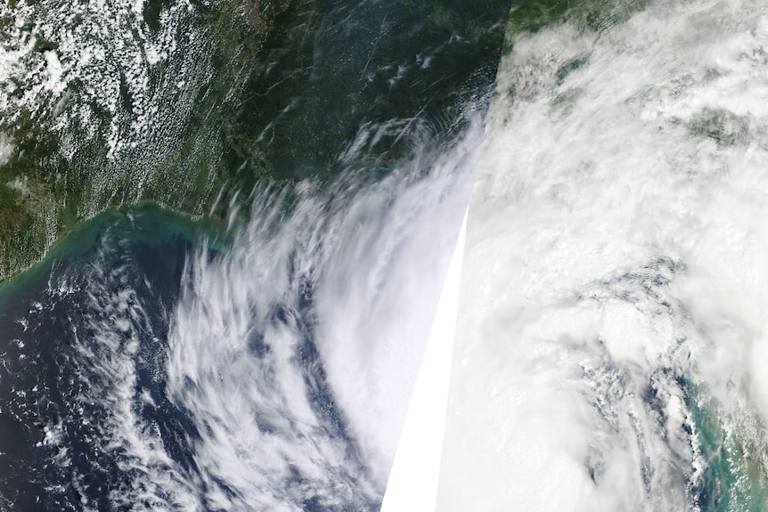 A NASA satellite image shows Tropical Storm Isaac heading towards Louisiana (top left).