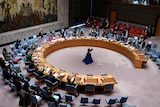 A group of diplomats attend a meeting at the UN Security Council headquarters. 