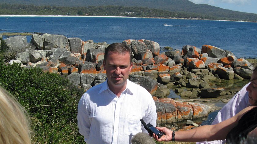 Tasmanian Premier David Bartlett announces the Bay of Fires park boundaries.