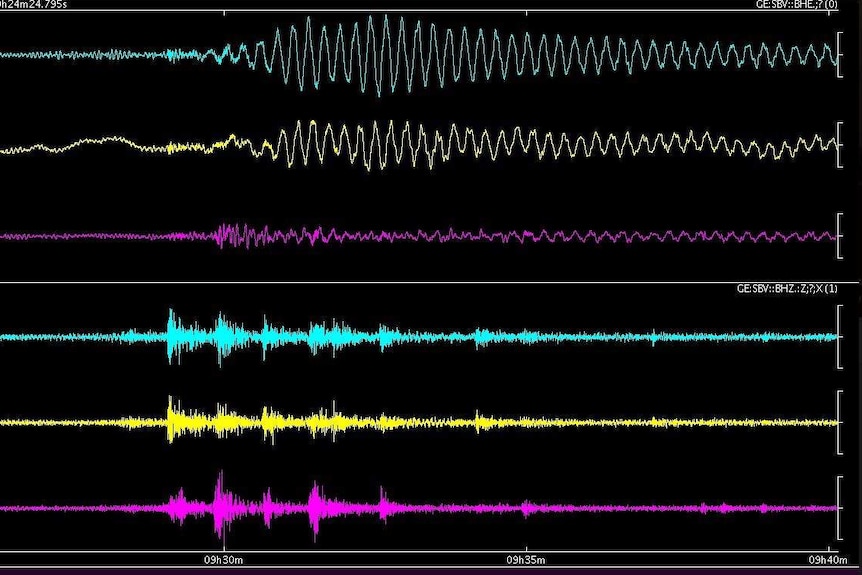 A graph displays the seismological readings of a strange tremor. The waves are short, spaced and consistent in size.