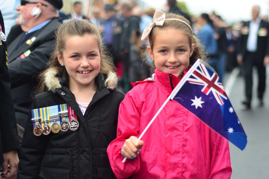 Jorja Houston and Sienna Santuccione took part in the Geelong Anzac Day march in Victoria
