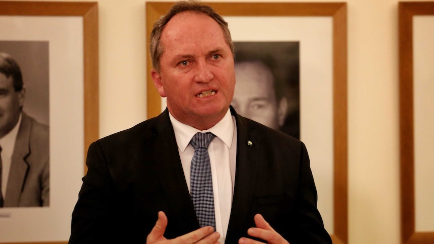 Barnaby Joyce gestures with his hands while speaking.