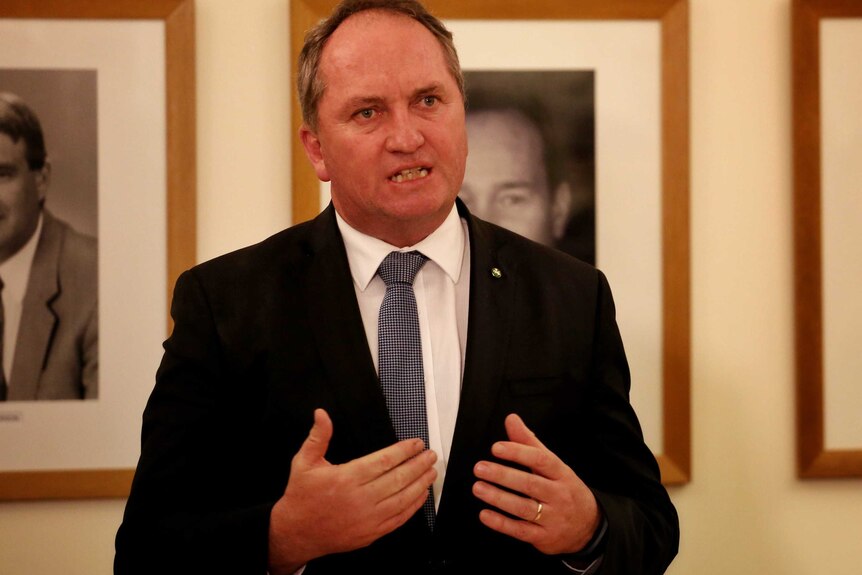 Barnaby Joyce gestures with his hands while speaking.