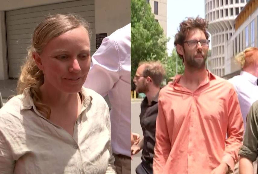 Head shot of a woman in a light-colored top and a mid shot of a man in orange shorts with beard and glasses.