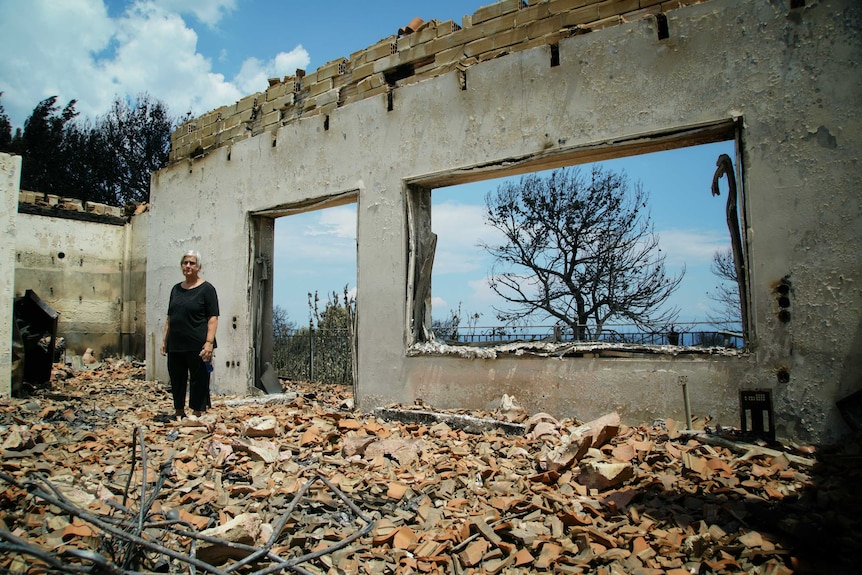 Fani Papadimitriou in her home at Mali that was completely destroyed when a fire ripped through the area.