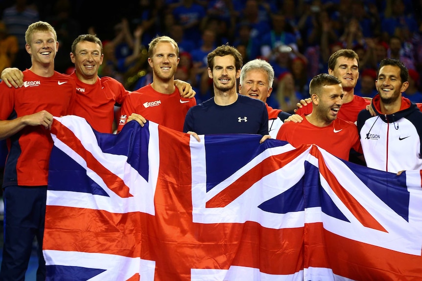 Andy Murray celebrates with team-mates after Great Britain advances to Davis Cup final
