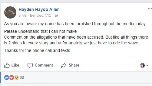 A Facebook update by CFA captain Hayden Allen, saying there are "two sides to every story".