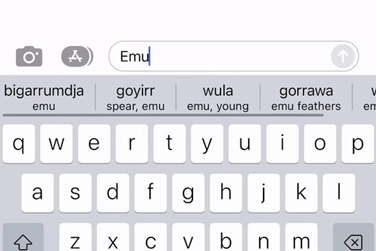 A screenshot shows the Gurray Indigenous language keyboard app translating an English word into an Indigenous language