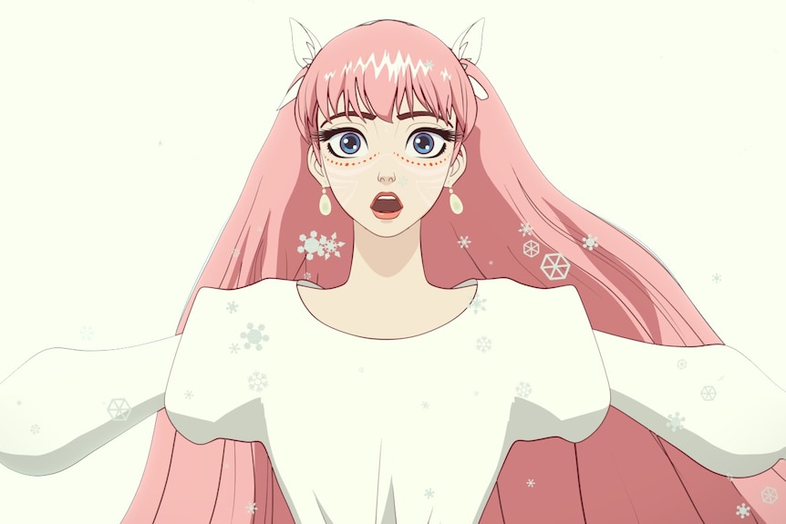 A still from an animated movie showing a shocked-looking pink-haired girl wearing a white dress, with her arms outstretched