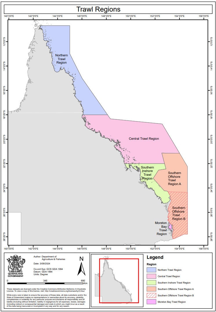 Un mapa de las zonas de pesca de vieiras de Queensland. 