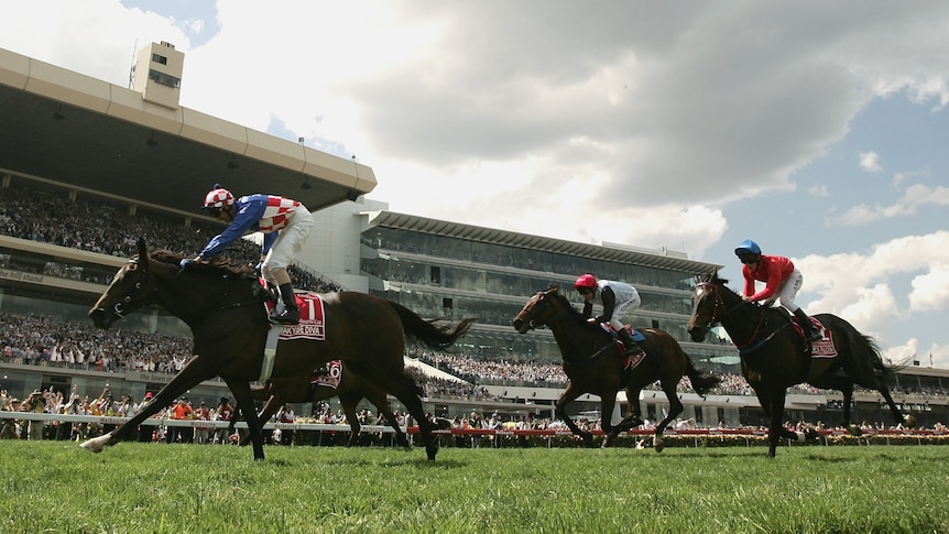 A jockey stands up in the irons on Makybe Diva at the finish of the Melbourne Cup, with two horses trailing behind her. 