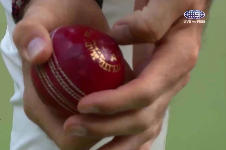 Screengrab of James Anderson holding the ball