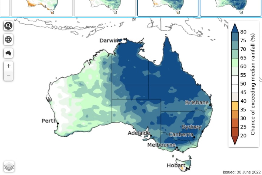 map showing increased chance of rain in eastern and northern Australia