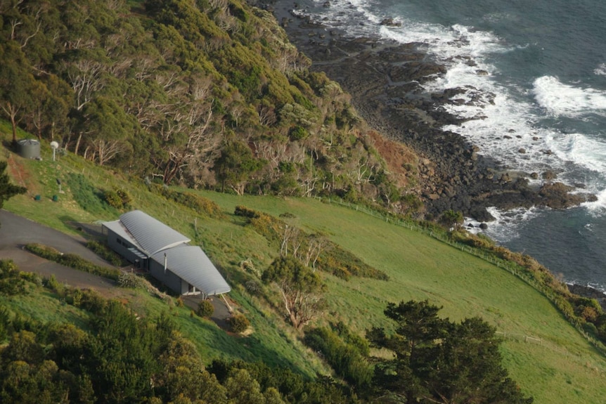 Aerial shot of house with plane wing shaped house on green cliff with beach at bottom.
