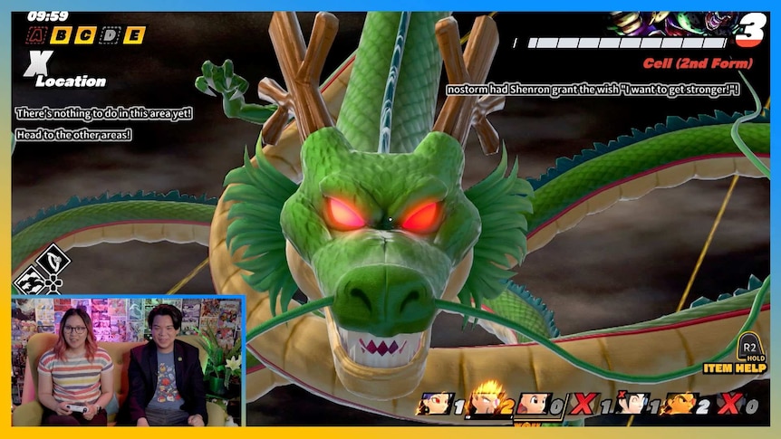 A large green dragon glaring straight at you. Rad and Jax are in the corner of the screen.