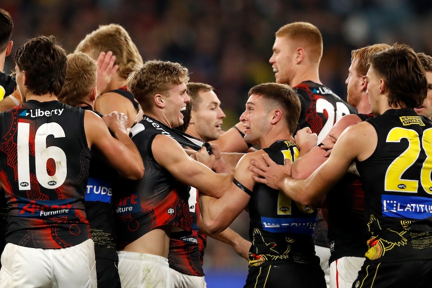 Richmond and Essendon players push each other and shout in each other's faces
