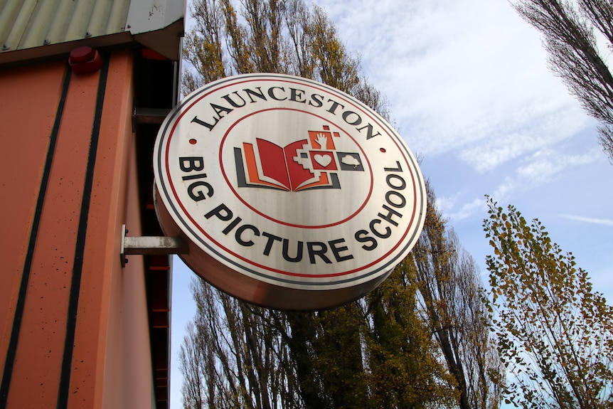 A red and white circular sign on a building reads 'Launceston Big Picture School'