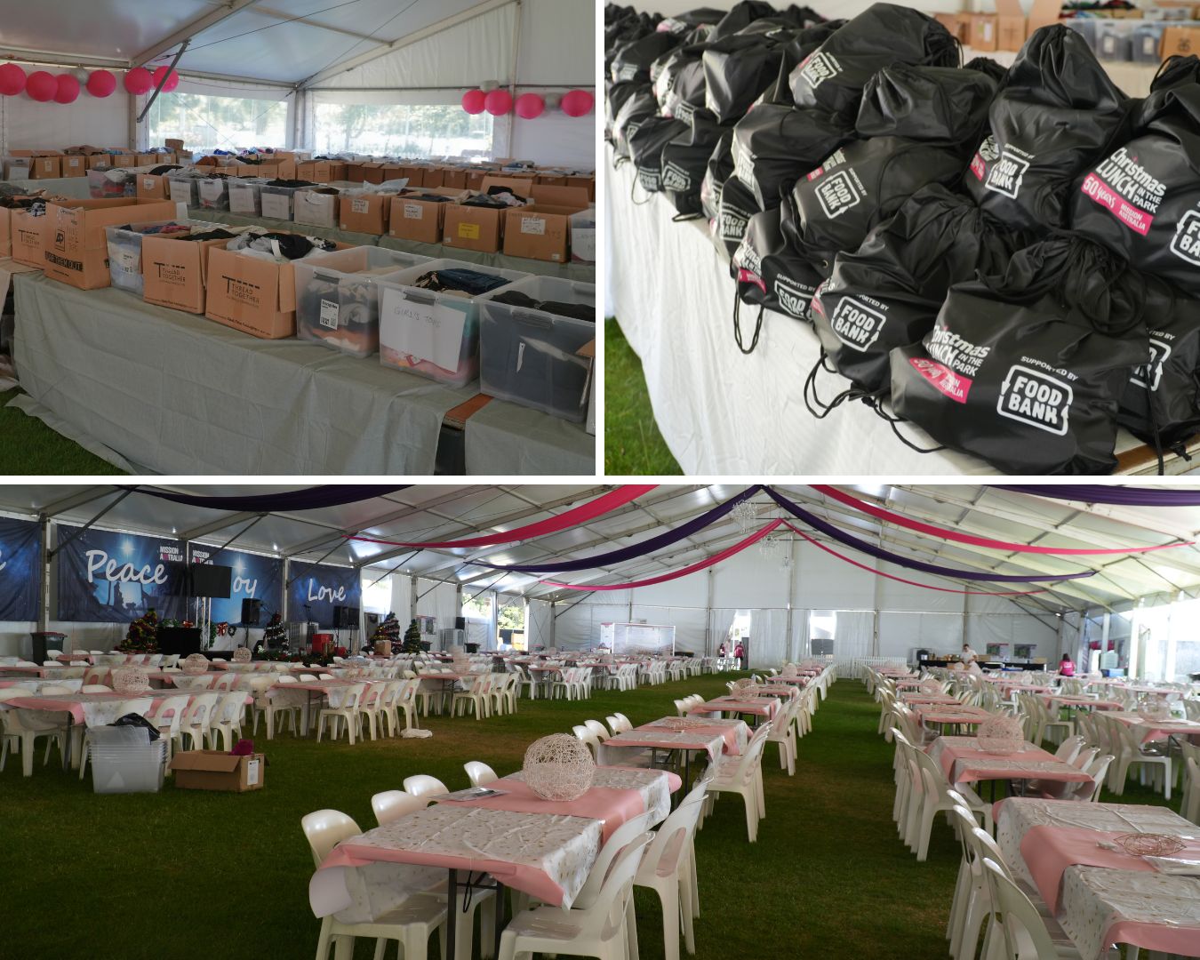 Uma colagem mostra mesas preparadas para uma festa de Natal, caixas com itens doados e sacolas de presentes.