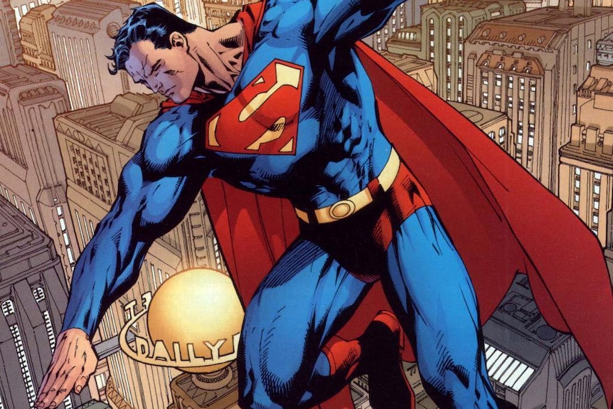 DC comic book character Superman flying through the air with his arm in front of him.