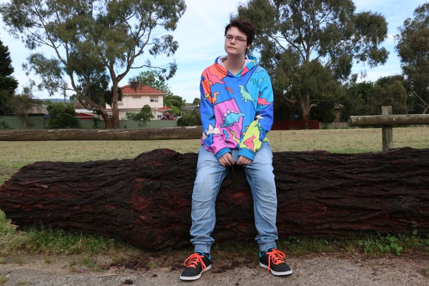 A young man wearing a dinosaur hoodie and glasses sits on a log