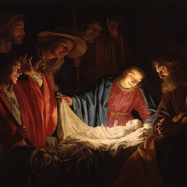 A painting of a nativity scene, with shepherds gathered around a manger and the infant Jesus emitting a warm light
