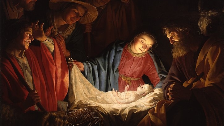 A painting of a nativity scene, with shepherds gathered around a manger and the infant Jesus emitting a warm light