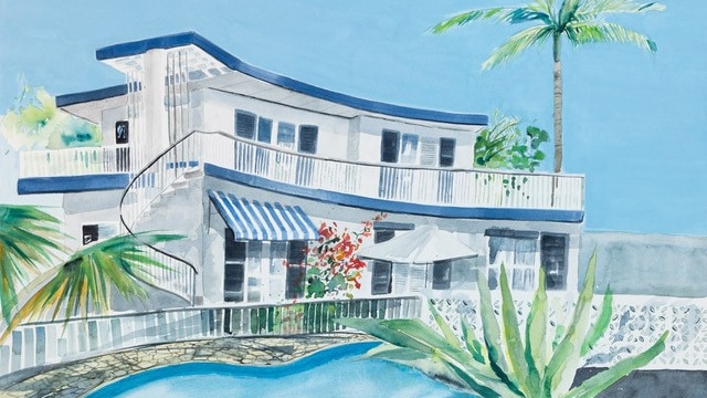 Painting of two storey blue and white house with spiral staircase, pool and striped canvas sunshades 