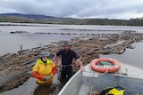Oyster farmers Kelly Jones and Roy Glessing cleaning up their oyster lease