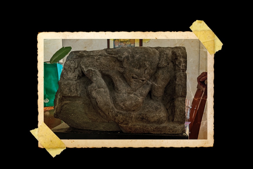 A textured photo of a stone carved sculpture sitting on top of dining room table.