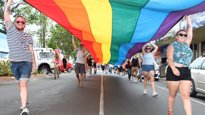 People carrying rainbow flag in Tropical Fruits street parade