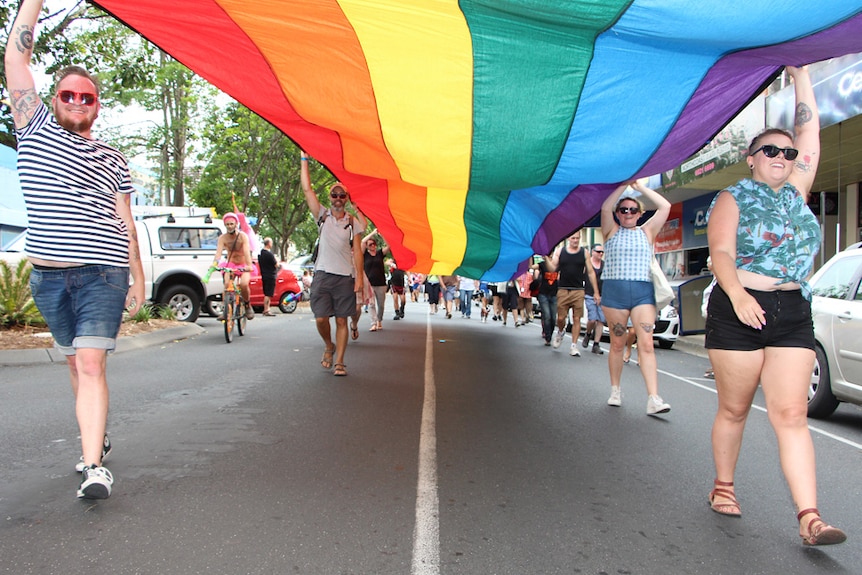 People carrying rainbow flag in Tropical Fruits street parade