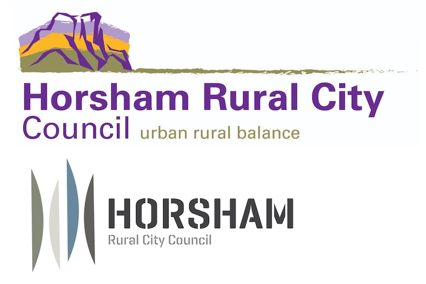 The old logo of Horsham rural city council in purple text with Arapiles with green, gold, purple and the new logo below in blue.