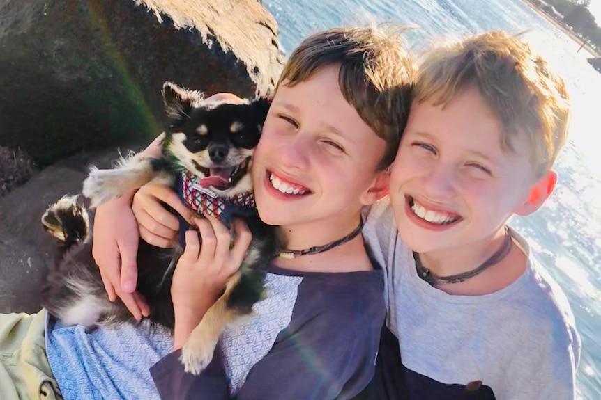 Two young boy twins at the beach smiling next to each other holding a dog on a sunny day.
