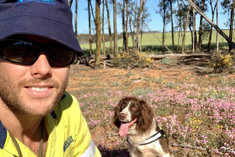 Man in sunglasses, cap and high vis vest with dog in wildflowers.