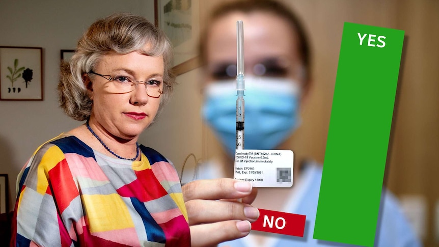 A graphic showing a woman, a needle and a graph with yes and no