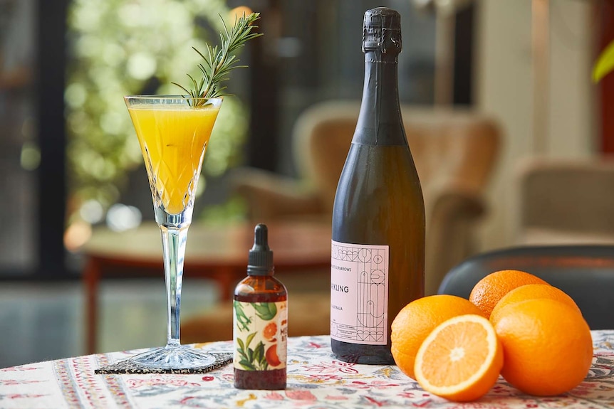 Rosemary and bitters mimosa in a glass, surrounded by ingredients to depict a collection of low-alcohol cocktail recipes.