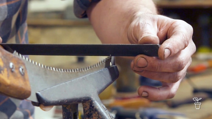 Hands holding a metal file and sharpening saw blade held in a bench vice
