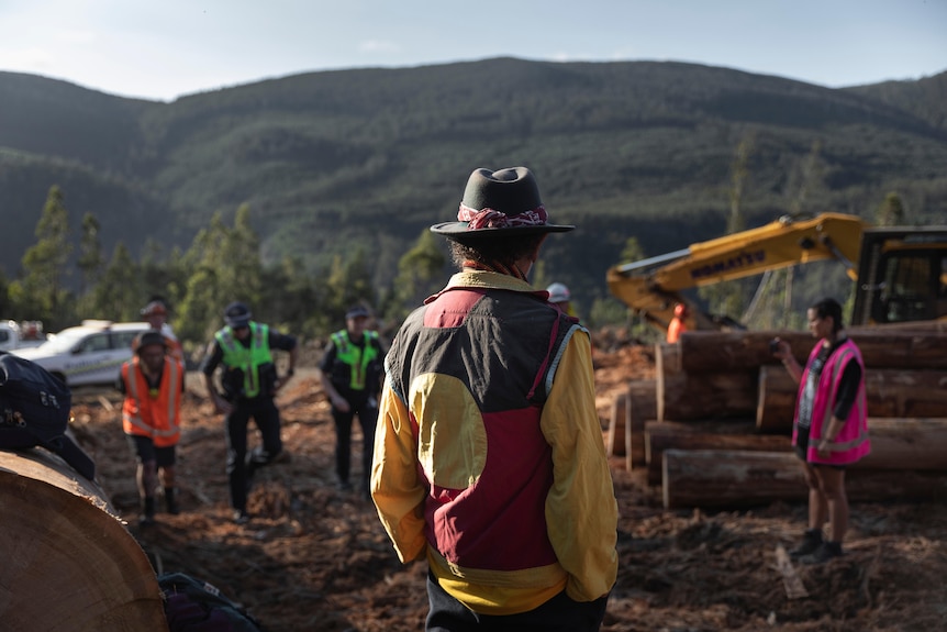 A man wearing Aboriginal colours and flag at a logging site faces away from the camera as police approach him