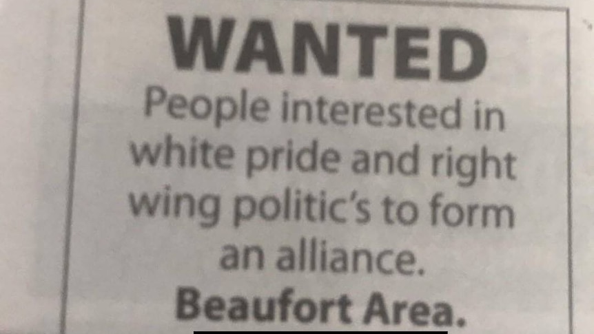 A newspaper ad for people interested in white pride to form an alliance